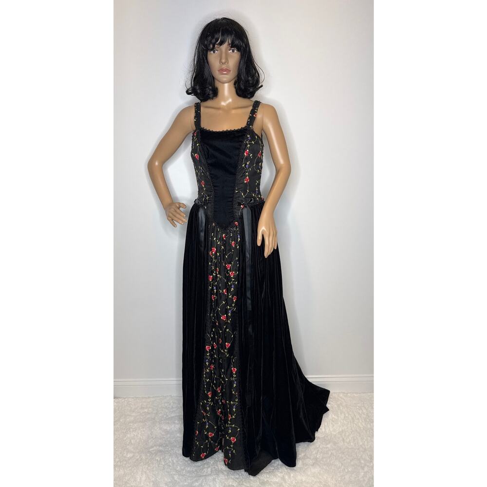 Late 80s Jeannie Nitro Gothic black velvet silk floral embroidered corset gown s - Picture 3 of 16